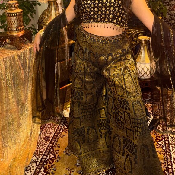 Black and Gold Embroidered Pant Set - Picture 3 of 4